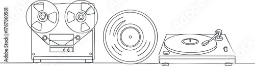 Illustration of audio equipment including a reel-to-reel tape recorder and a turntable with vinyl records.