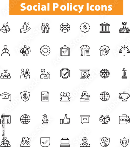 Social policy Web Icon Set in Line Style. Collection of Social services Linear Icons, Including, healthcare, family, education, protection, law, insurance, healthcare, reform and more
