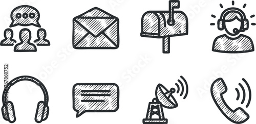 Collection of hand-drawn communication icons representing customer support and interaction methods.