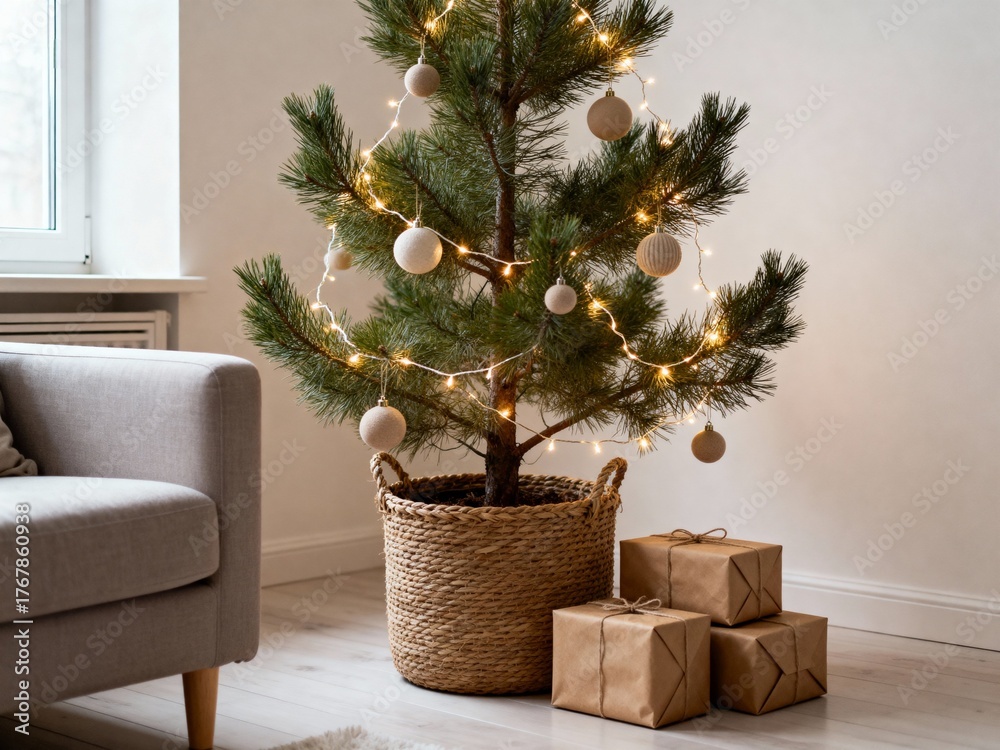 Fototapeta premium A small, minimalist Christmas tree decorated with warm string lights and neutral ornaments, placed in a woven basket with craft-paper wrapped gifts nearby in a cozy, modern living room.
