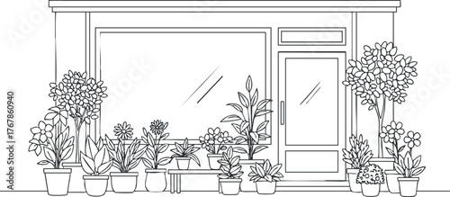 Illustration of a storefront with a variety of potted plants and flowers displayed outside.