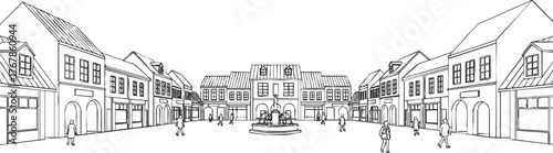 Illustration of a lively town square with buildings and people engaged in social activities.