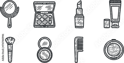 A collection of hand-drawn beauty and makeup items including a mirror, lipstick, and brushes.