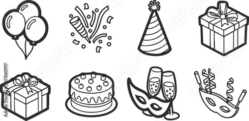 A collection of festive icons including balloons, cake, gifts, and party accessories for celebrations.