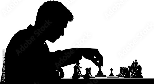 Chess player silhouette. This image depicts the black silhouette of a chess player making a strategic move, highlighting intellect, competition, and gameplay. Vector clipart illustration design.
