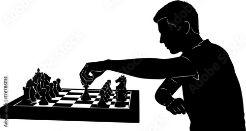 Chess player silhouette. This image depicts the black silhouette of a chess player making a strategic move, highlighting intellect, competition, and gameplay. Vector clipart illustration design.
