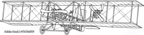 Wright flyer drawing. It is a black and white outline sketch of the historic Wright Brothers' airplane or early aircraft. Vector sketch line art draw.