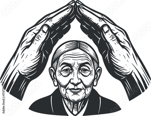 An illustration of an elderly woman with hands symbolizing protection and care.