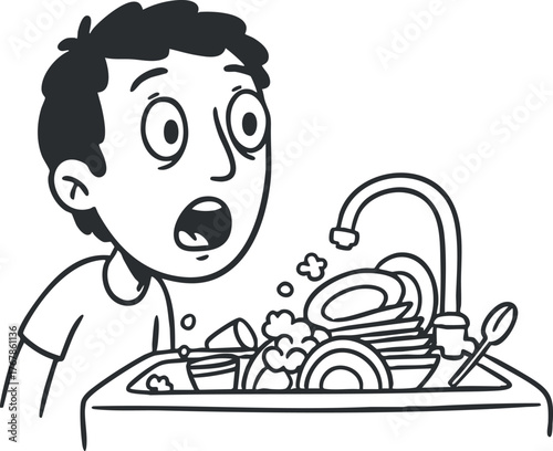 A surprised boy looking at a sink full of dirty dishes and utensils in the kitchen.
