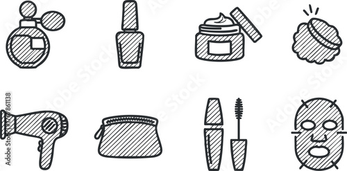 A collection of beauty and cosmetic items including perfume, nail polish, and skincare products.