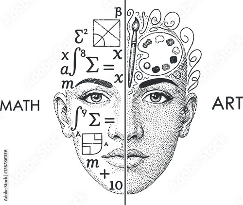 A creative illustration depicting the balance between math and art through a stylized face.