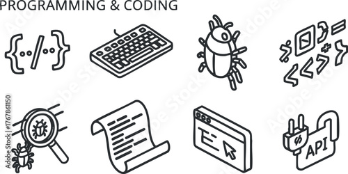 Illustration of programming and coding icons including keyboard bug and API symbols.