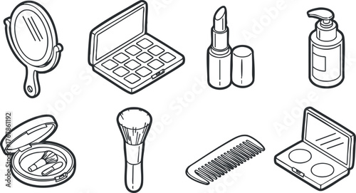 A collection of various makeup and beauty items including lipstick, brushes, and skincare products.