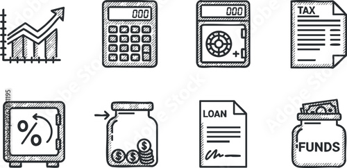 Collection of financial icons including growth chart calculator tax document loan and funds.