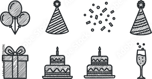 A collection of festive icons including balloons, cakes, gifts, and party hats for celebrations.