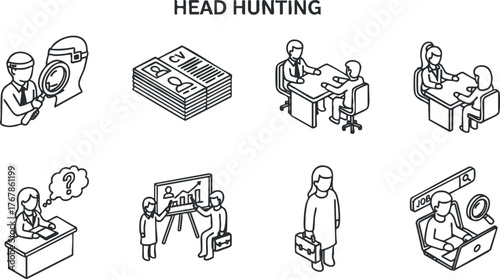 Illustration depicting headhunting activities including recruitment, interviews, and job placements.