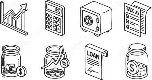 Illustration of financial concepts including growth, savings, loans, and tax documentation.