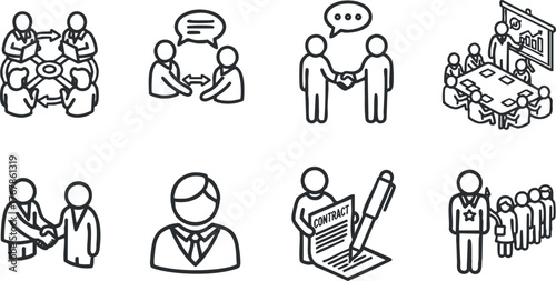 A collection of business icons depicting teamwork communication negotiation and contract signing.