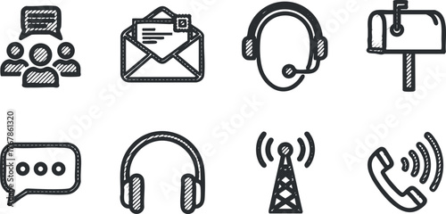A collection of communication icons representing customer service and support tools including phone and email.