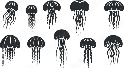 A collection of black and white jellyfish silhouettes showcasing various shapes and tentacle designs.