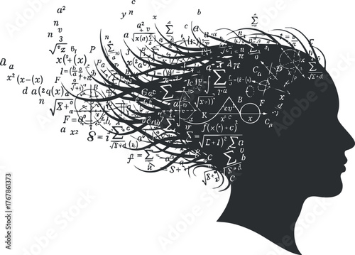 Creative representation of a profile with mathematical formulas and artistic elements symbolizing thought and imagination.