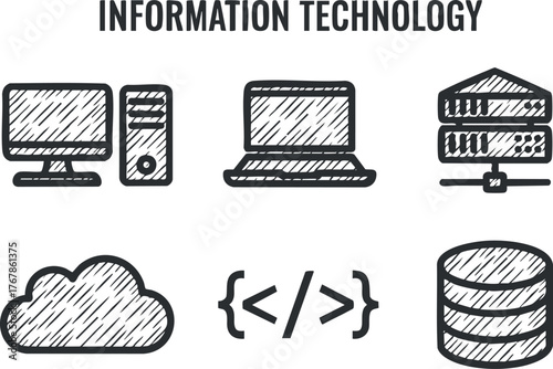 Icons representing various aspects of information technology including computers, cloud, and programming.