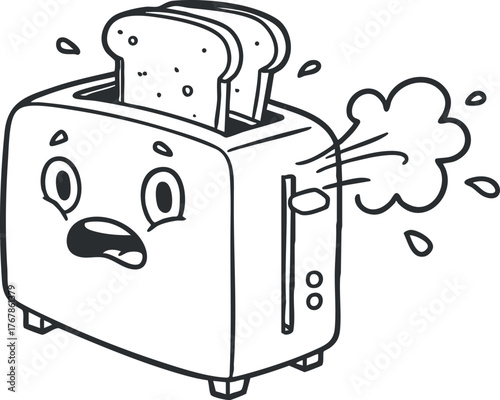 A cartoonish toaster with bread popping up and a surprised expression, steam coming out.