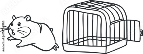 A playful hamster escaping from its cage, illustrating a cute pet moment in black and white.