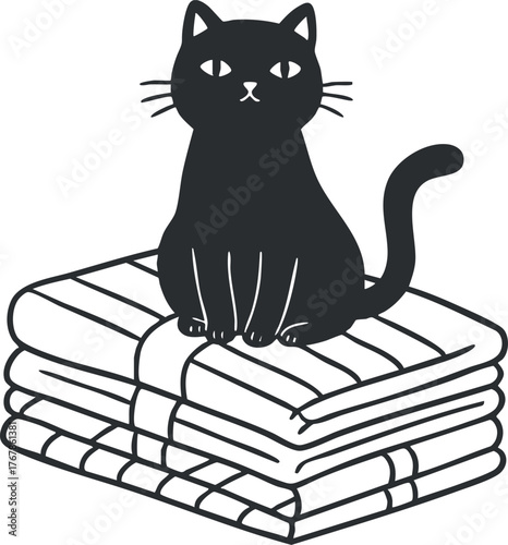 A cute black cat sitting on a stack of cozy blankets in a simple illustration style.