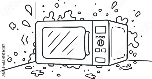 A humorous illustration of a messy microwave with food spills in a kitchen setting