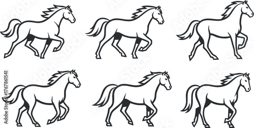 A series of black and white illustrations showcasing horses in various running and walking poses.