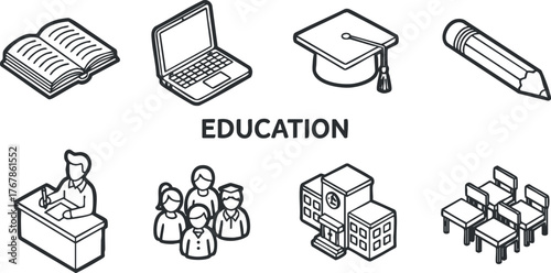 Icons representing education themes including learning, school, students, and teaching tools.