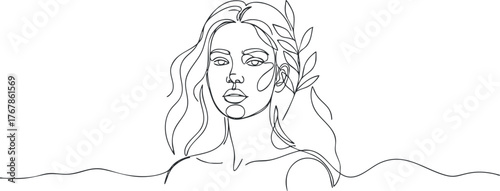 Minimalist line art portrait of a serene woman with leaves in her hair, partially submerged in water.