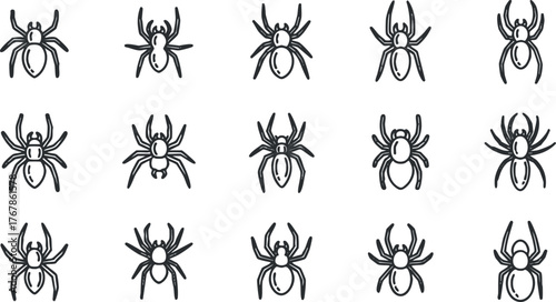 A collection of spider illustrations showcasing various styles and designs in black and white.