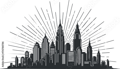 A stylized black and white skyline illustration featuring tall skyscrapers with radiating lines.