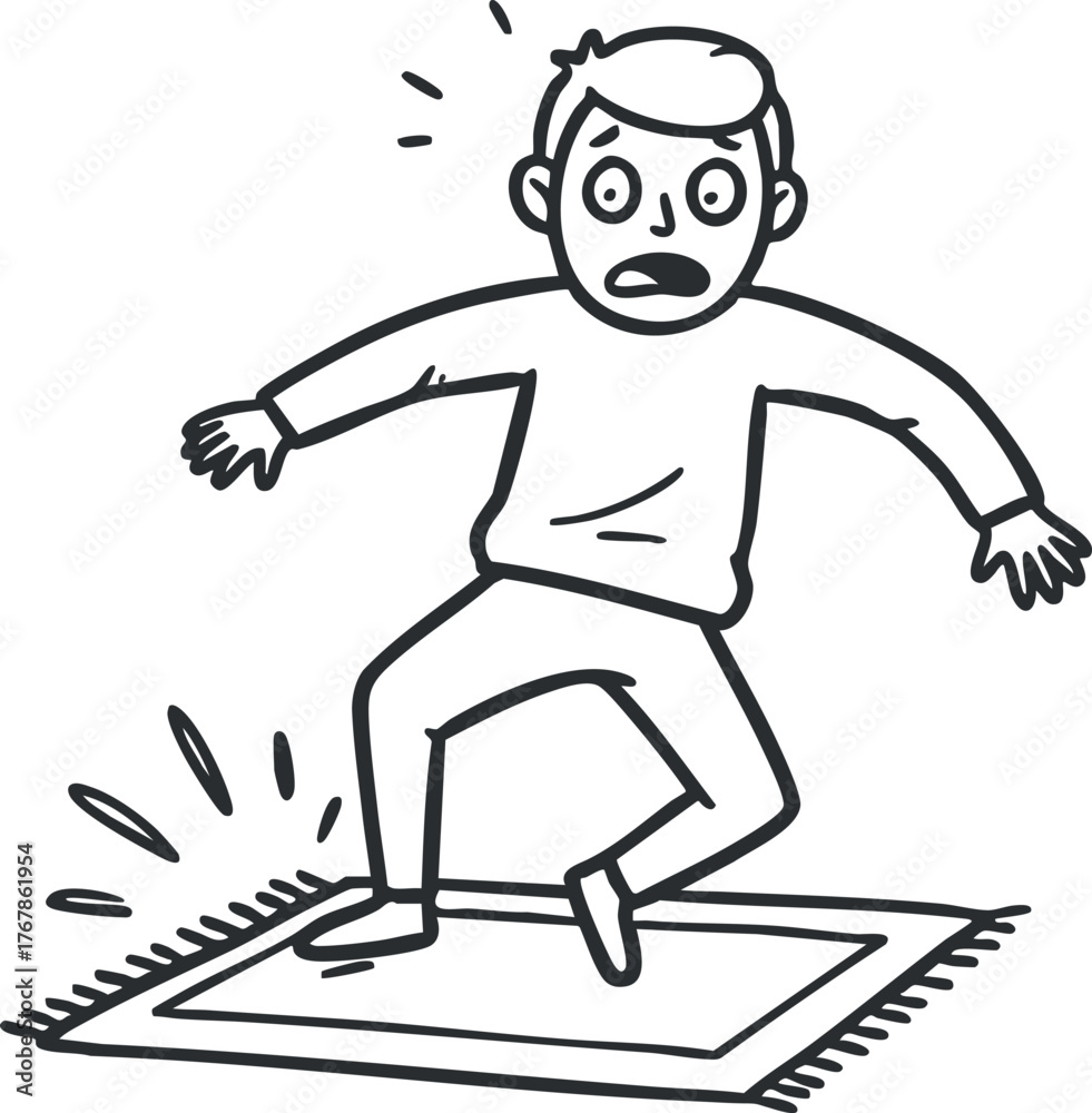 Naklejka premium A cartoon boy slipping on a carpet with a surprised expression showcasing a humorous moment.