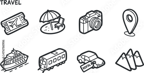 A collection of travel-themed icons including a plane, camera, map, and mountains.