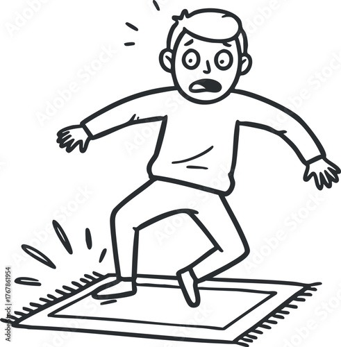 A cartoon boy slipping on a carpet with a surprised expression showcasing a humorous moment.