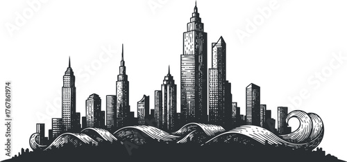 Stylized black and white illustration of a city skyline with waves in the foreground.
