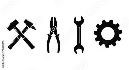 A collection of black silhouette tools including a hammer pliers and wrench