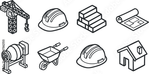 Illustration of various construction elements including crane, hard hats, blueprints, and tools.