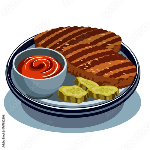 Meat cutlets with sauce and pickled cucumbers without background