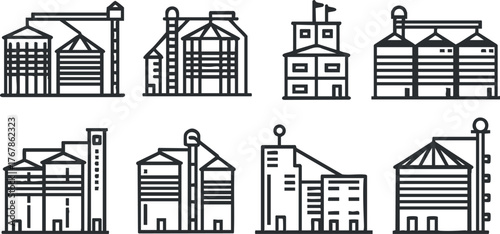 Illustration of various industrial buildings and silos in a simple line art style