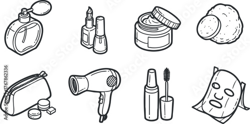 A collection of hand-drawn beauty and grooming products including makeup tools and skincare items.