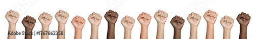 Hands or fists with all skin colors white and black for men women raising hands for rights or slogans for unity together march with transparent background