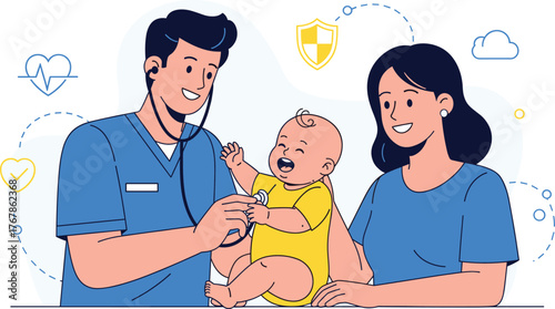 Cartoon pediatric checkup scene with doctor examining happy baby and smiling mother in healthcare clinic, medical care and child wellness concept