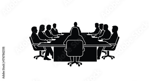 A group of people sitting around a conference table in silhouette