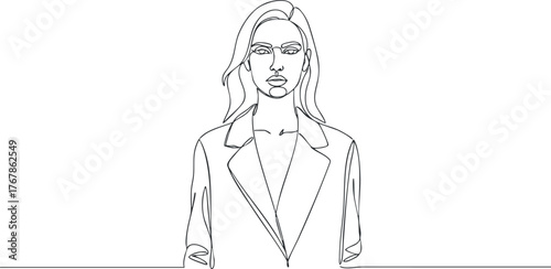 Minimalist line art illustration of a confident woman in a stylish outfit with a modern look.