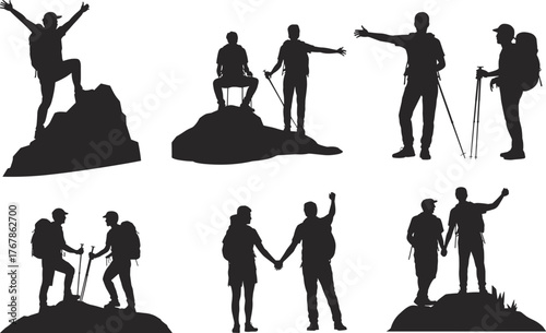 Hiking silhouette icons, outdoor adventure poses, backpacking figures, trekking companions, mountain celebration gestures, black vector set, flat vector illustration