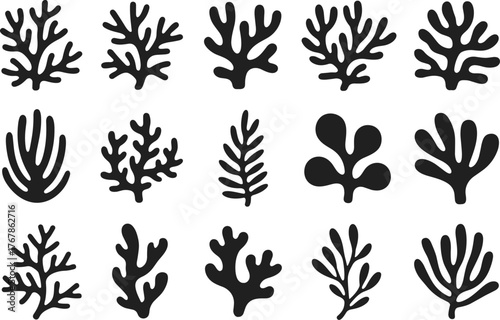 Abstract botanical coral plant silhouettes collection, organic seaweed shapes, nature-inspired vector elements, black foliage icons, flat vector illustration